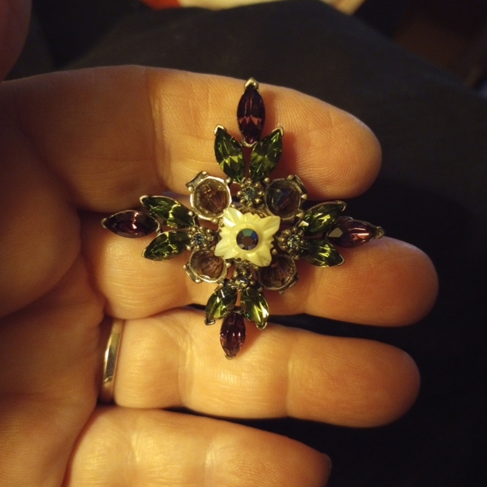 Chico's Elegant Floral Brooch with Purple and Green Accents
